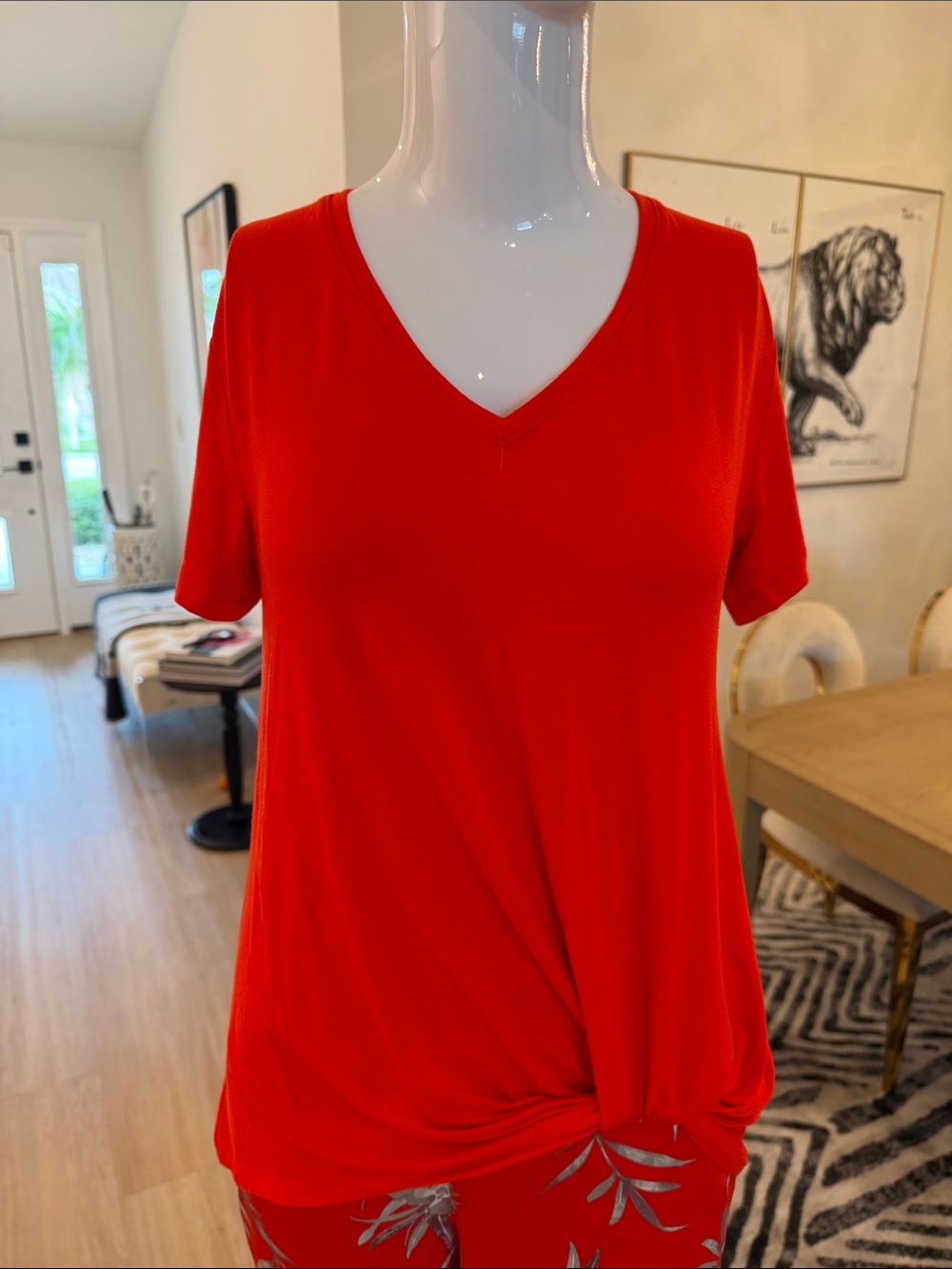 IMAN V-Neck Short Sleeve Knot Front Top — Red